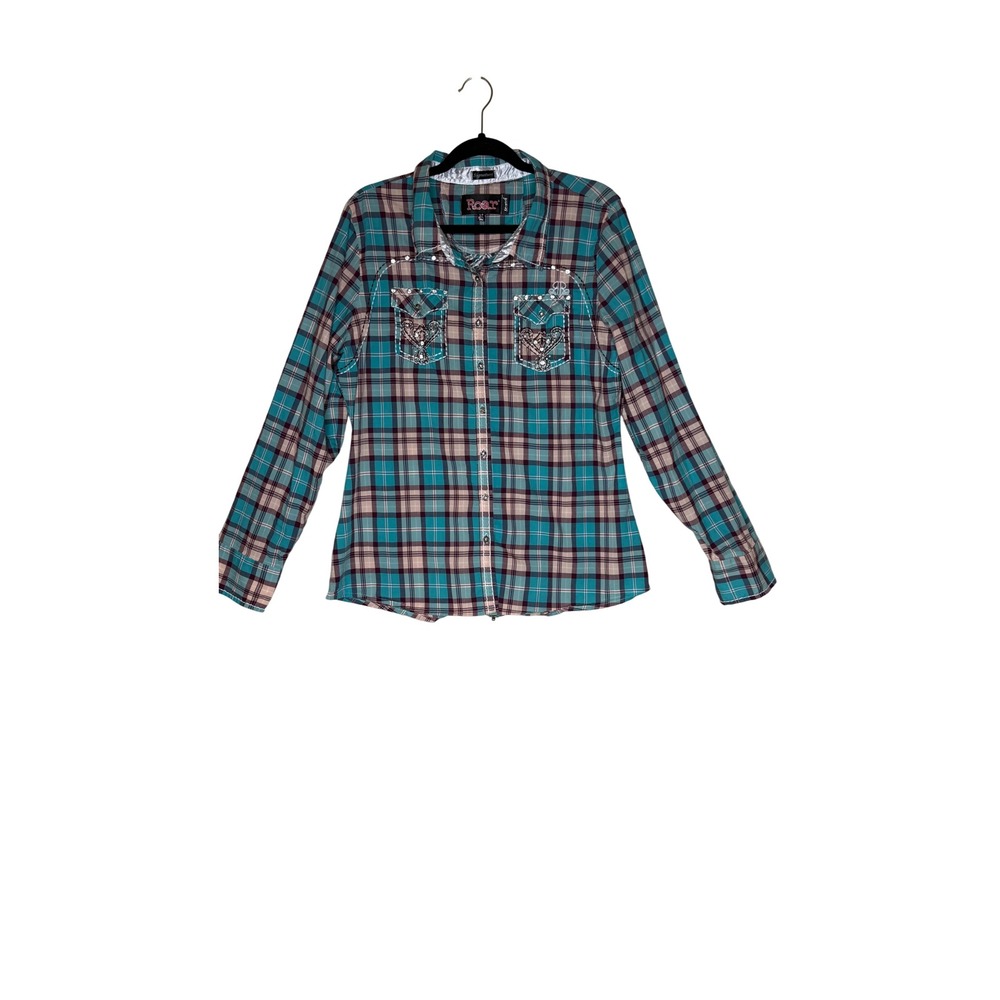 Roar Button Up Shirt Teal Plaid Rhinestone Embroidered Size XL Western Chic